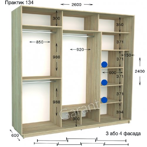 Шкаф-купе 2600*600*2400 Гарант Практик-134/3